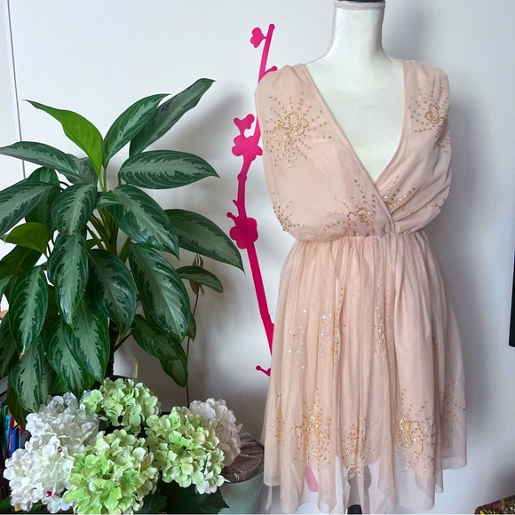 ASOS Mesh Dress - Size 8 - Champagne Color with Crystals Embroidered - Picture 4 of 10